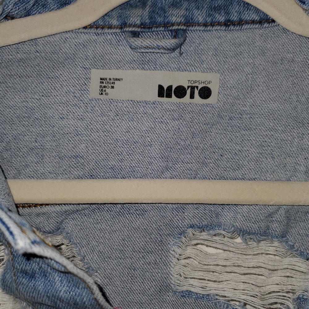 Topshop Moto Distressed Blue Denim Jacket, Oversized 6 - Picture 2 of 8